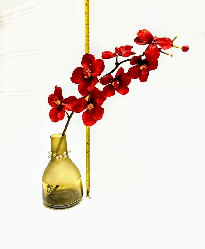 Medium Olive Green Vase With Bright Red Orchid Flower.