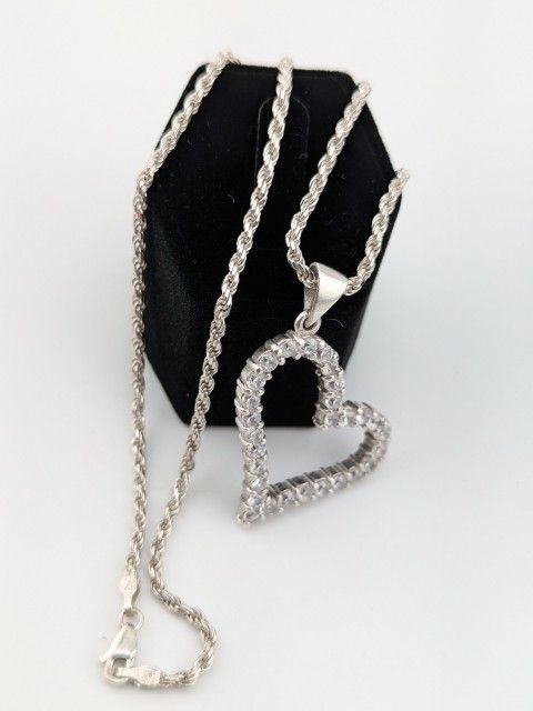 HEART Shaped Choker Necklace CZ Diamond Accents 925 Sterling Silver w 16" Rope Chain