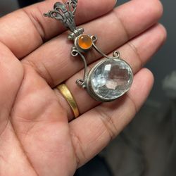 Vintage 925 Sterling Silver Clear Quartz & Carnelian Pendant 19.9g Ornate 