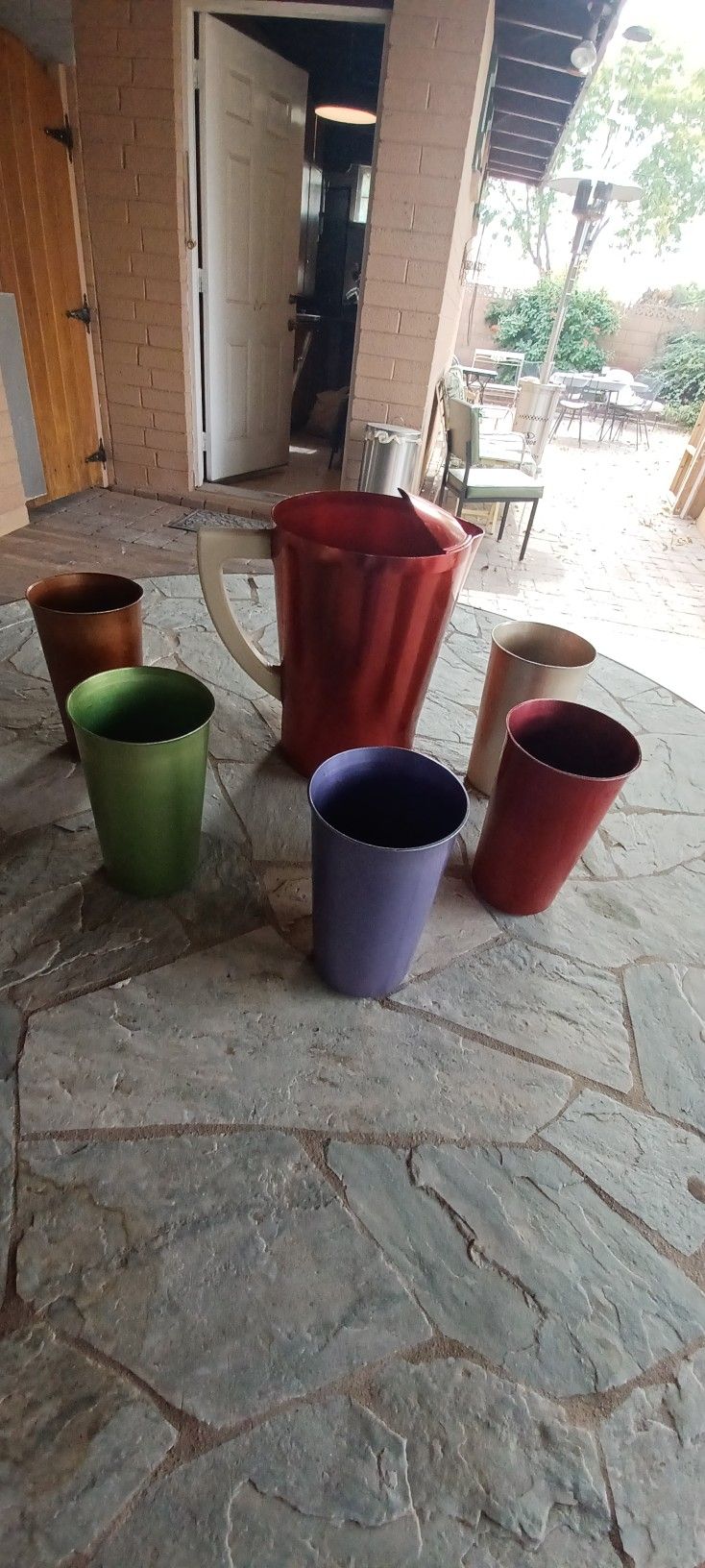 West Bend Metal Pitcher and 5 Metal Glasses