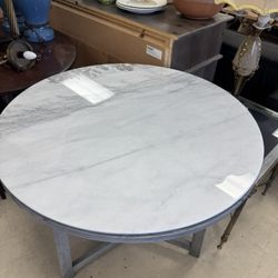 Round Dining Table featuring a marble top and a light-colored wooden base - 35” - Excellent Condition 