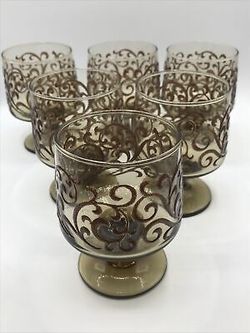 6 Vintage Libbey Prada Cocktail Stemmed Glasses Tawny Brown Raised Scroll 1970’s