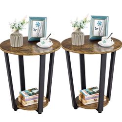 Industrial End Table for Living Room Set of 2, Round Side Table with 2 Tier Storage Shelf, Sturdy Couch Tables Accent Tables Coffee Tray, Rustic Brown