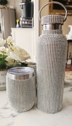 Bling Drinkware Set – Matching Silver Rhinestone Bottle & Tumbler  Unused