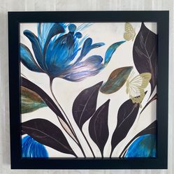 Black Framed  Blue Floral Art Painting 12x12