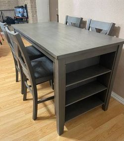 LIKE NEW 5-PC AESTHETIC HIGH TOP GRAY FINISH DINING SET FROM NEBRASKA FURNITURE (TABLE AND 4 PADDED CHAIRS)