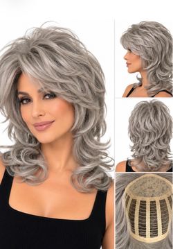 Silver Gray Shag Mullet Wig 14" Synthetic Layered Curly Grandma Costume