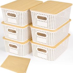 6 Pack Plastic Storage Baskets With Bamboo Lid, Stackable Storage Baskets For Organizing Desktop Closet Shelves Drawers Pantry Organization Office Pla