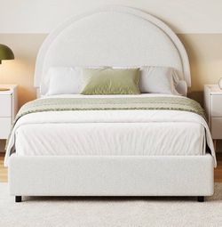 Twin White Boucle Upholstered Bed Frame with Arch Headboard