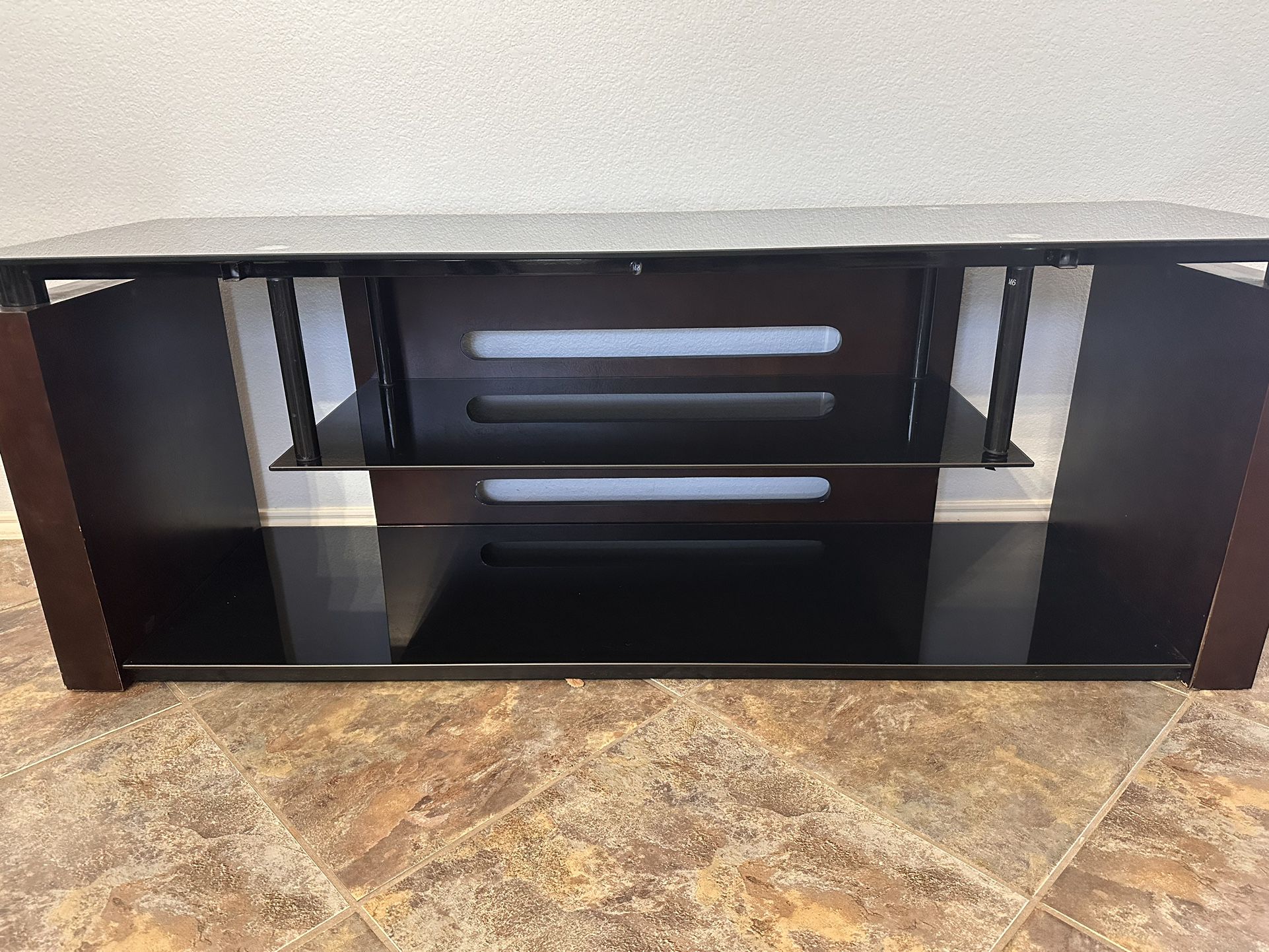 Bello Black Glass Tv Stand With Espresso Wood Sides, 