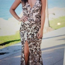 Formal Gold Sequin Maxi Dress with Lace Up Back