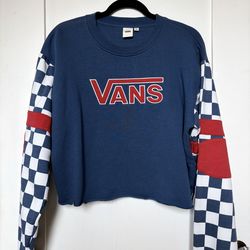 VANS Checkerboard Sleeve Cropped Sweatshirt Navy Blue & Red Size L