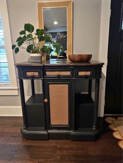 Solid Wood Black Cane Console Cabinet | Vintage Entryway Console | Sideboard