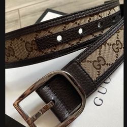Authentic Unisex Gucci GG Canvas Belt Brown Leather  
