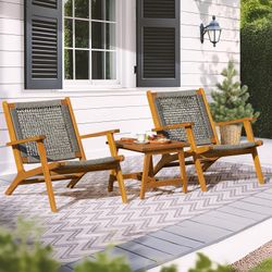 NEW Patio Furniture Set Reclining Chairs W/ Arms & Table, 3 Piece Wood Patio Bistro Set, Acacia Wood !
