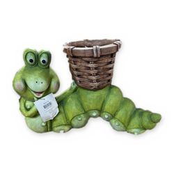 Caterpillar Frog Planter with Wicker Basket – Green, Fully Assembled