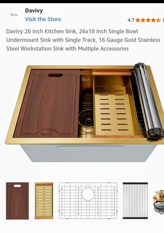 Davivy 26 Inch Kitchen Sink, 26x18 Inch Single Bowl Undermount Sink with Single Track, 16 Gauge Gold Stainless Steel Workstation Sink with Multiple Ac