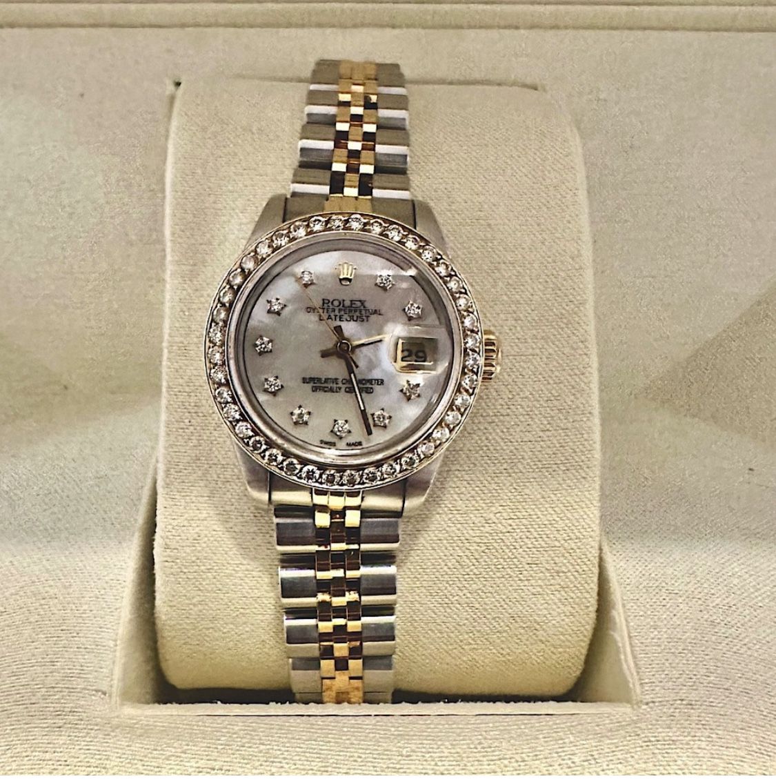 Women’s Rolex Oyster Perpetual Datejust Silver & Gold with Diamond Dial & Bezel