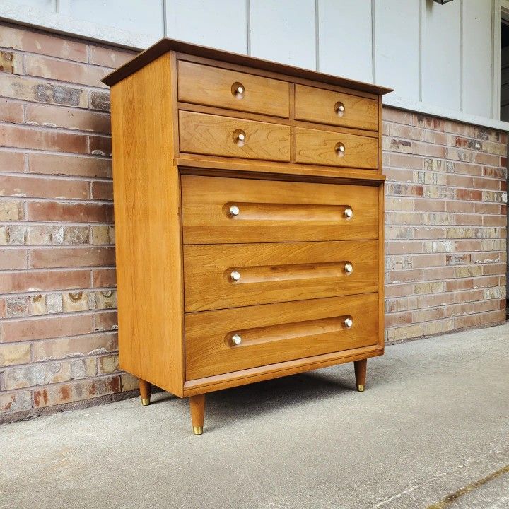 Mid Century Modern Solid Wood 5 Drawer Highboy Dresser Vintage