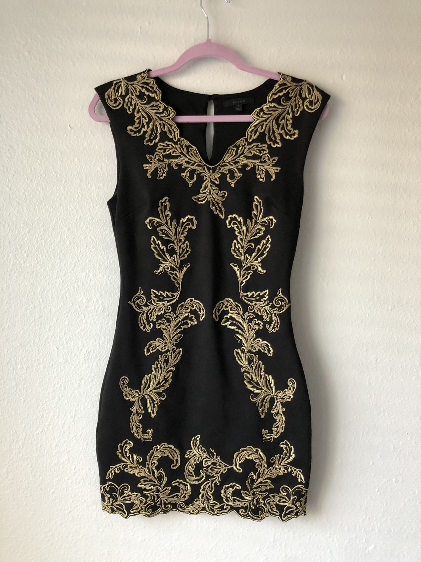 Aryn K Anthropologie Black Dress With Gold Embroidery Size Small