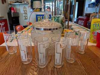 Mid century, art deco, MCM, space age atomic set of 8 frosted scotch glasses and a fab diamond cut pattern glass ice bucket, retro barware, bar ware