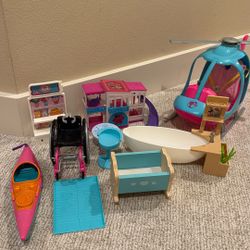 Barbie Lot Of Helicopter, Spa, Canoe And More! 