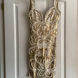 HOLT MIAMI Bodycon Dress in Metallic Gold w/ Hand Painted White design size M, NWT