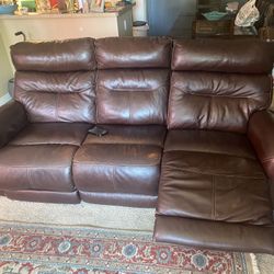 Brown Leather Couch/Recliner And Chair 