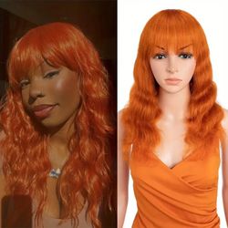 22" Orange Wavy Human Hair Wig with Bangs – Brazilian Body Wave Glueless Wig