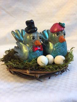 Polymer Clay birds in a nest with eggs