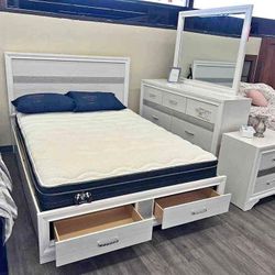 $10 Down Payment Finance ❄️NEW Miranda White 4 Piece Queen Panel Storage Bedroom Set 