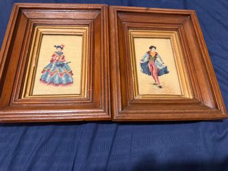 Vintage Framed 1964 Completed Needlepoint Art Men&Women Set of 2 11x9 see pics