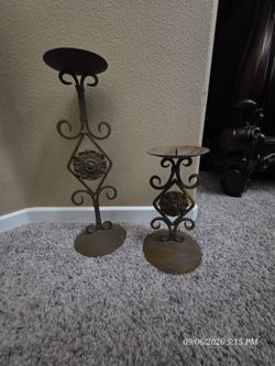 Set of 2 Vintage Wrought Iron Pillar Candle Holders – Staggered Heights (16" & 9")