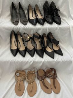 8 pairs women’s shoes heels + sandals Bandolino Cole Haan Nine West Forever 21 - size 7