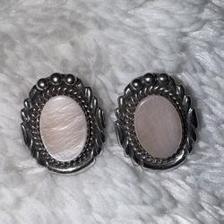 Vintage Navajo Oval Signed Sterling Pink Conch Earrings