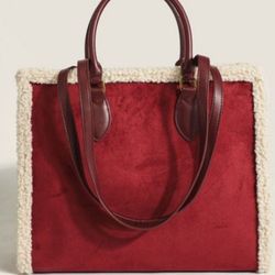 Women’s Fuzzy Shoulder Handbag Vegan Leather red color NEW