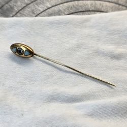 Vintage Gold Tone Stick Pin with Blue Enamel & Clear Rhinestone
