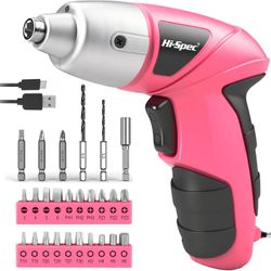 Hi-Spec Electric Screwdriver 27pc 3.6V Pink USB Small Power Screwdriver Set. Cordless & Rechargeable With Driver Bit Set