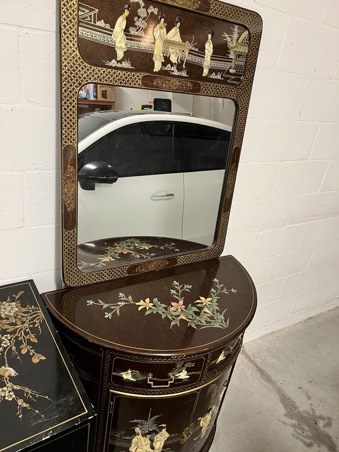 Asian Style Cabinet/dresser&mirror—-3D Brown Lacquer ; Wood Carved @ Hand Painted  Mother of Pearl 