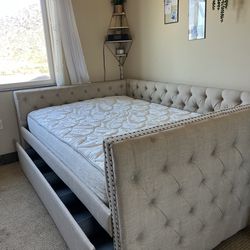 Full Upholstered Tufted Daybed with Twin Trundle or Storage– Beige