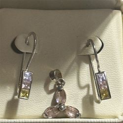 925 Sterling Silver Multi-Color CZ Pendant & Dangle Earrings Jewelry Set