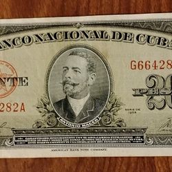 1958 Cuba Vintage 20 Pesos Bill Banknote Currency 
