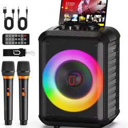Karaoke Machine, Portable Bluetooth Speaker with 2 Wireless Microphones, RGB Lights, Echo, 30W 5.25"