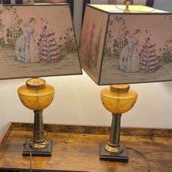 Pair of Vintage Amber Glass Table Lamps with Pastoral Shades – Mid-Century Charm