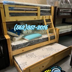 Natural Pine Wood Twin/ Full/ Full Triple Bed Complete Set 