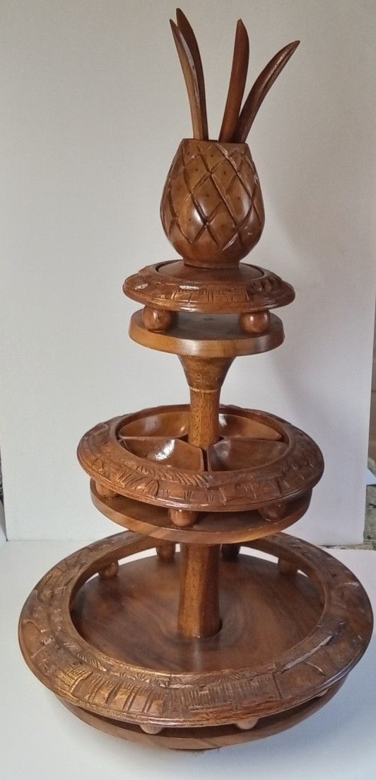VTG Monkey Pod Pineapple Lazy Susan 3 Tier Serving Tray Handcarve 1950 Pool/Tiki