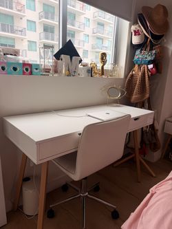 White Desk with Wood Legs and Drawer