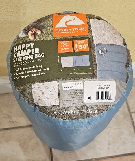 Ozark Trail Happy Camper 50-Degree Warm Weather Rectangular Rectangular Sleeping Bag for Young Adults, Blue, 75"x33" (Brand New)