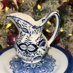 Vintage Enesco Japan Blue and White Floral Designed 4 1/2” Tall Creamer Pitcher