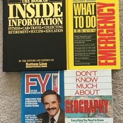 Reference Books, popular classics, lot of 4. The Book of Inside Information, 497 pages. Emergency:Reader's Digest Action Guide, What To Do In An Emerg